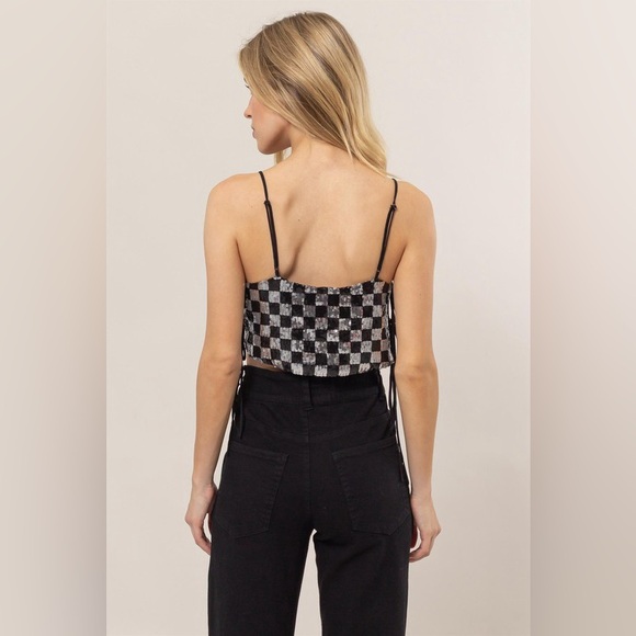 246B-BLACK. Checkered Sequence Tie Detail Crop Top - Picture 4 of 6
